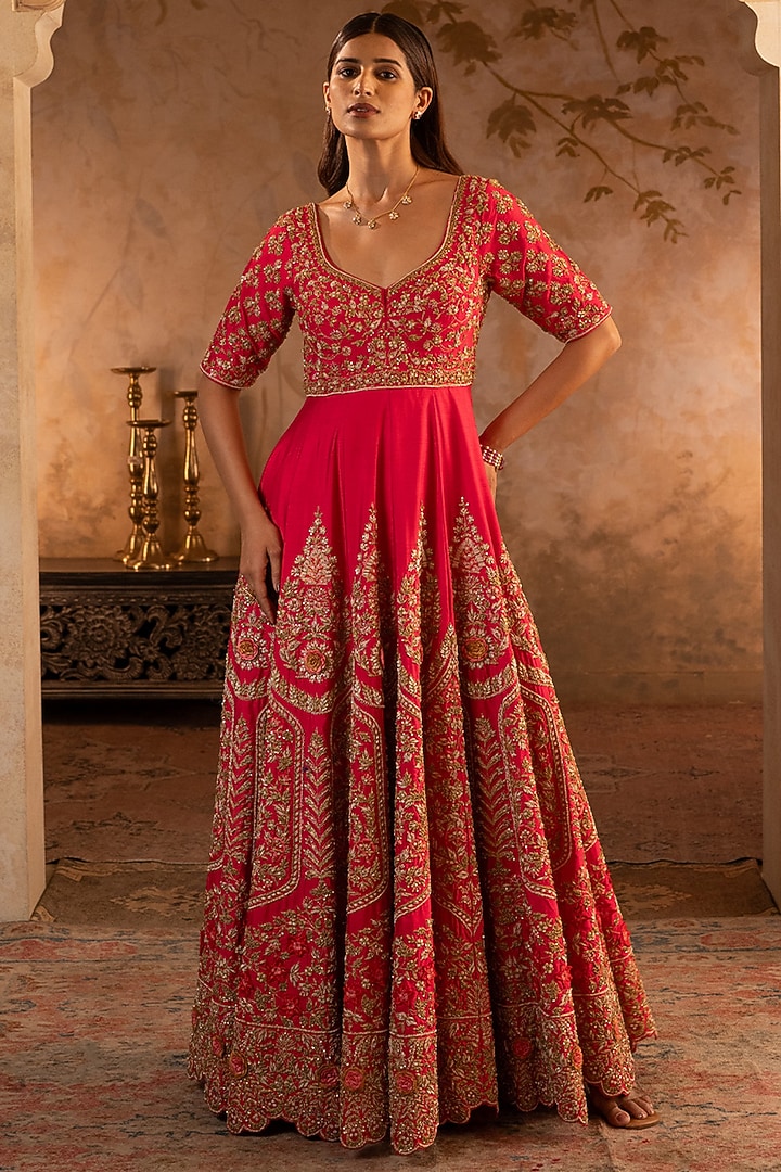 Red Raw Silk Embroidered Sculpted Bridal Anarkali Set by Angad Singh at Pernia's Pop Up Shop