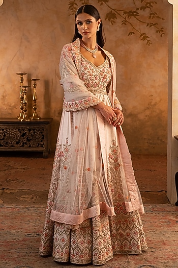 Blush Pink Raw Silk Embroidered Bridal Anarkali Set by Angad Singh at Pernia's Pop Up Shop