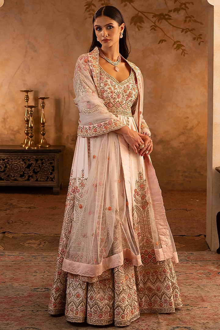 Blush Pink Raw Silk Embroidered Bridal Anarkali Set by Angad Singh at Pernia's Pop Up Shop