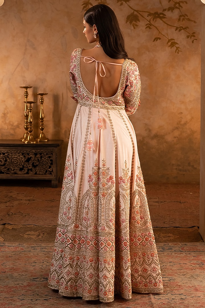 Blush Pink Raw Silk Embroidered Bridal Anarkali Set by Angad Singh at Pernia's Pop Up Shop