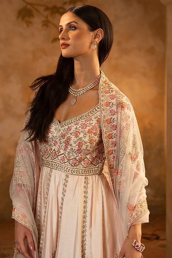 Blush Pink Raw Silk Embroidered Bridal Anarkali Set by Angad Singh at Pernia's Pop Up Shop