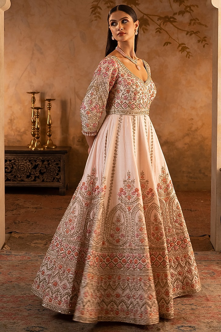 Blush Pink Raw Silk Embroidered Bridal Anarkali Set by Angad Singh at Pernia's Pop Up Shop