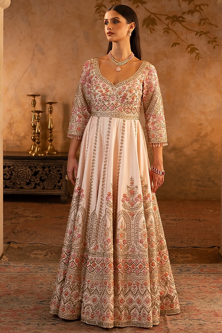 Blush Pink Raw Silk Embroidered Bridal Anarkali Set by Angad Singh at Pernia's Pop Up Shop