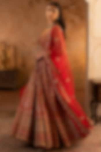 Red Raw Silk Embroidered Bridal Anarkali Set by Angad Singh at Pernia's Pop Up Shop