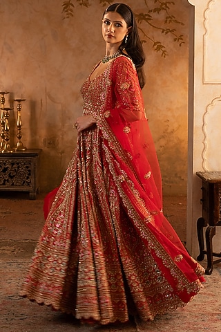 Red Raw Silk Embroidered Anarkali Set by Angad Singh