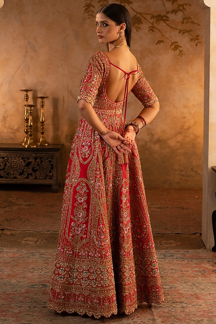 Red Raw Silk Embroidered Bridal Anarkali Set by Angad Singh at Pernia's Pop Up Shop