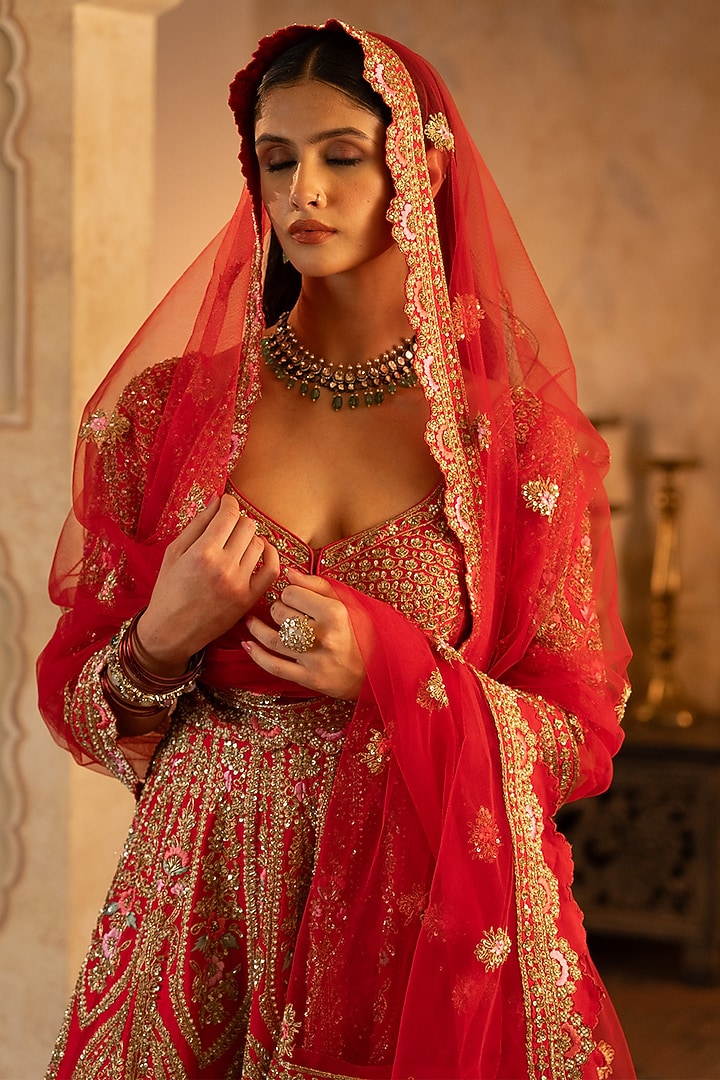 Red Raw Silk Embroidered Bridal Anarkali Set by Angad Singh at Pernia's Pop Up Shop