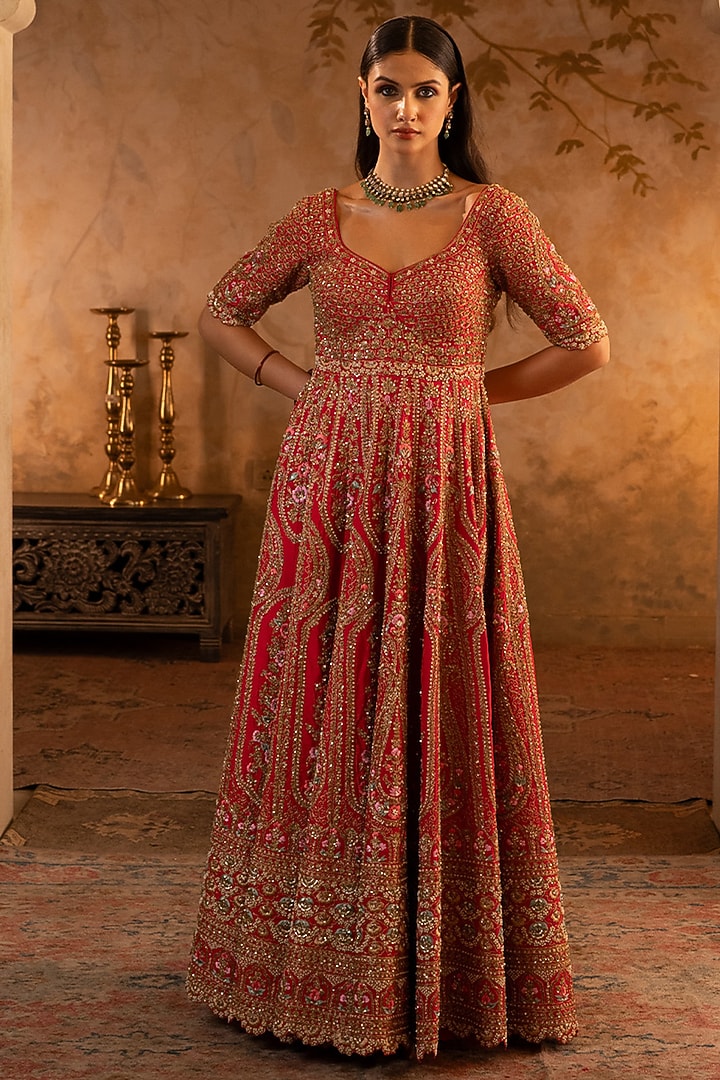 Red Raw Silk Embroidered Bridal Anarkali Set by Angad Singh at Pernia's Pop Up Shop