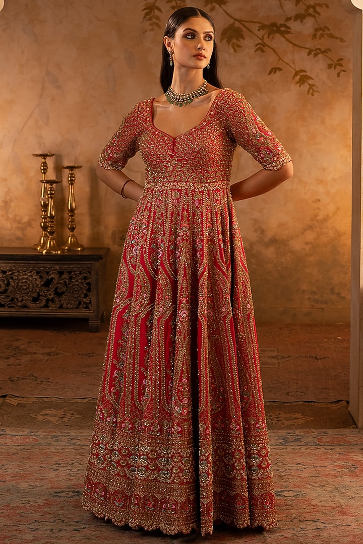 Red Raw Silk Embroidered Bridal Anarkali Set by Angad Singh at Pernia's Pop Up Shop