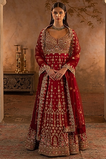 Maroon Raw Silk Embroidered Bridal Anarkali Set by Angad Singh at Pernia's Pop Up Shop