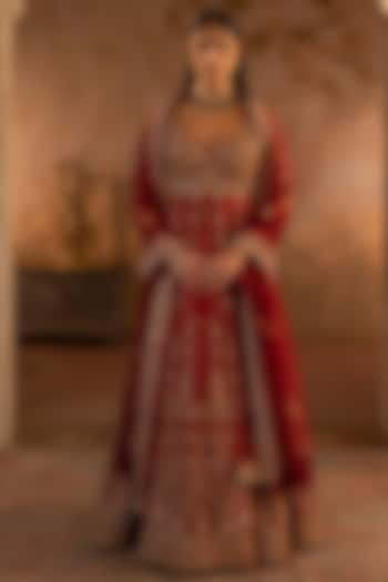 Maroon Raw Silk Embroidered Bridal Anarkali Set by Angad Singh at Pernia's Pop Up Shop