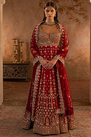Maroon Raw Silk Embroidered Anarkali Set by Angad Singh