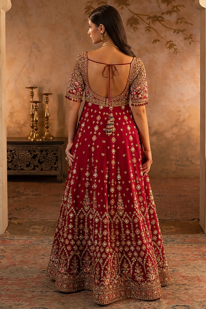 Maroon Raw Silk Embroidered Bridal Anarkali Set by Angad Singh at Pernia's Pop Up Shop