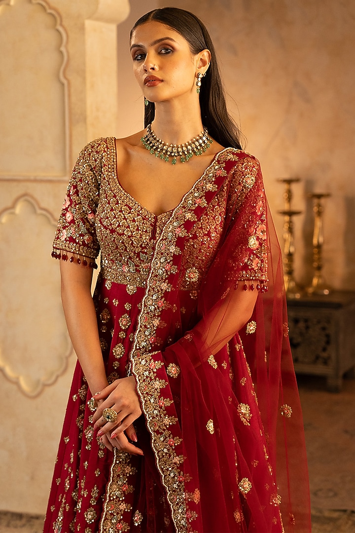 Maroon Raw Silk Embroidered Bridal Anarkali Set by Angad Singh at Pernia's Pop Up Shop