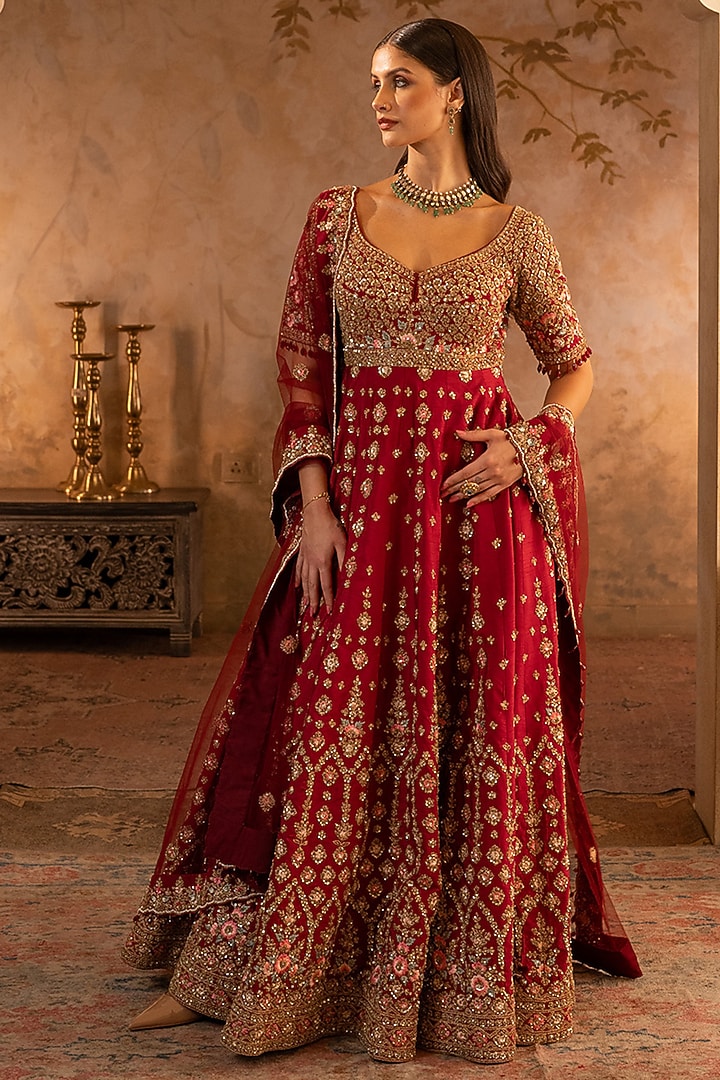 Maroon Raw Silk Embroidered Bridal Anarkali Set by Angad Singh at Pernia's Pop Up Shop