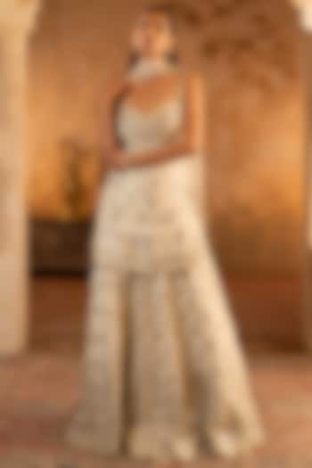 Peach Tissue Embroidered Bridal Sharara Set by Angad Singh at Pernia's Pop Up Shop