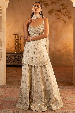 Peach Tissue Embroidered Sharara Set by Angad Singh