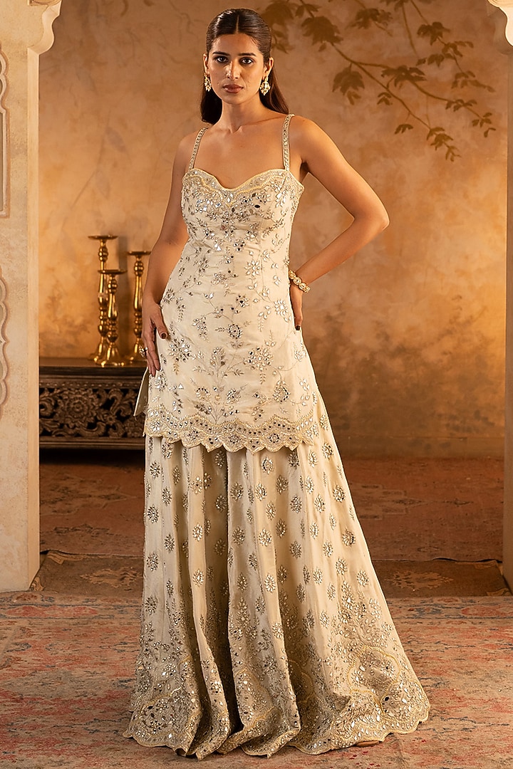 Peach Tissue Embroidered Bridal Sharara Set by Angad Singh at Pernia's Pop Up Shop