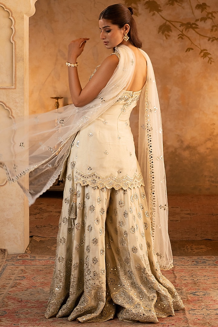 Peach Tissue Embroidered Bridal Sharara Set by Angad Singh at Pernia's Pop Up Shop