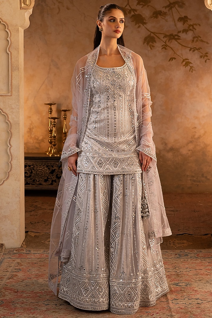 Grey Net Embroidered Bridal Sharara Set by Angad Singh at Pernia's Pop Up Shop