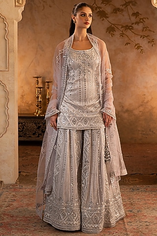 Grey Net Embroidered Sharara Set by Angad Singh