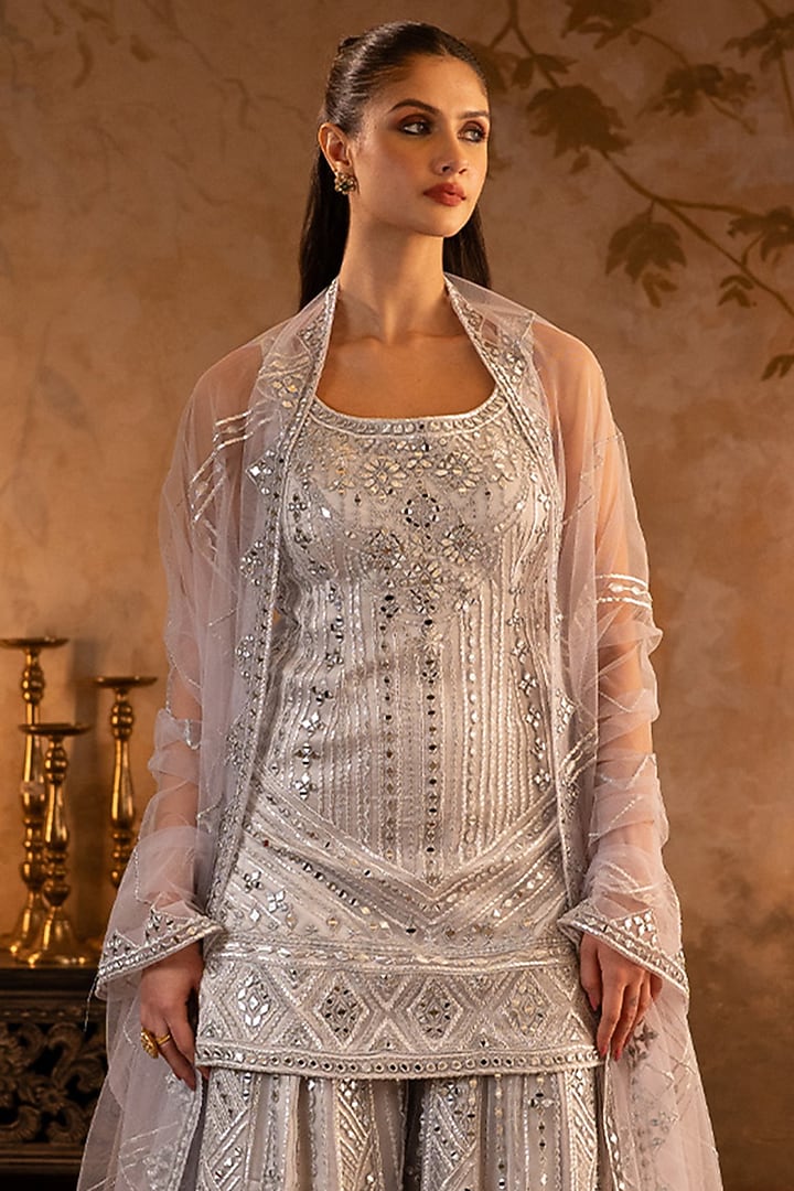 Grey Net Embroidered Bridal Sharara Set by Angad Singh at Pernia's Pop Up Shop