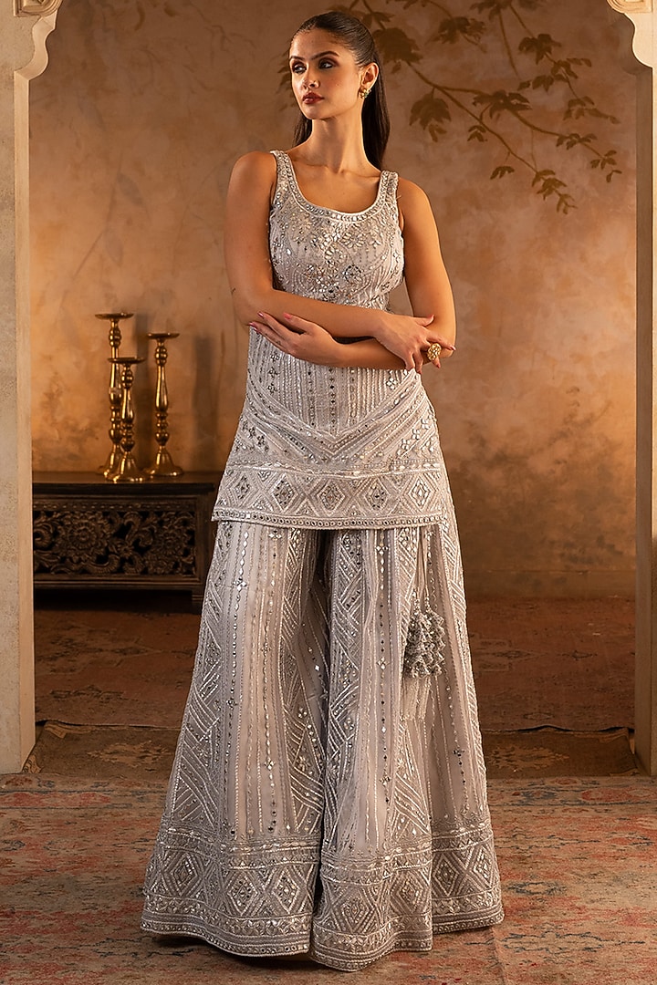 Grey Net Embroidered Bridal Sharara Set by Angad Singh at Pernia's Pop Up Shop