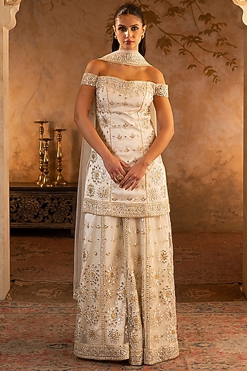 Ivory Net Embroidered Bridal Sharara Set by Angad Singh at Pernia's Pop Up Shop