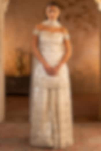 Ivory Net Embroidered Bridal Sharara Set by Angad Singh at Pernia's Pop Up Shop