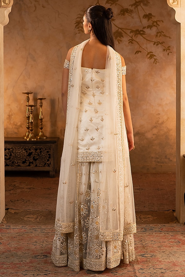 Ivory Net Embroidered Bridal Sharara Set by Angad Singh at Pernia's Pop Up Shop