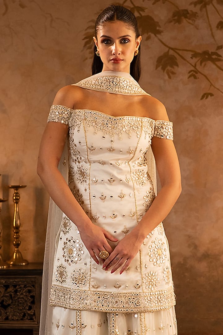 Ivory Net Embroidered Bridal Sharara Set by Angad Singh at Pernia's Pop Up Shop