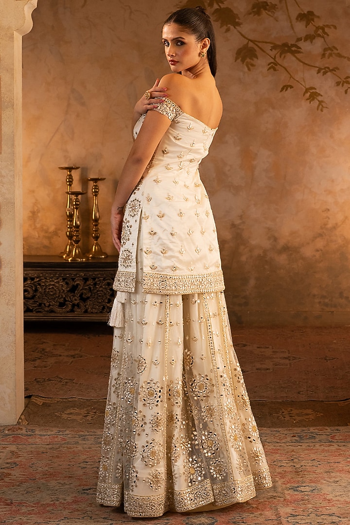 Ivory Net Embroidered Bridal Sharara Set by Angad Singh at Pernia's Pop Up Shop