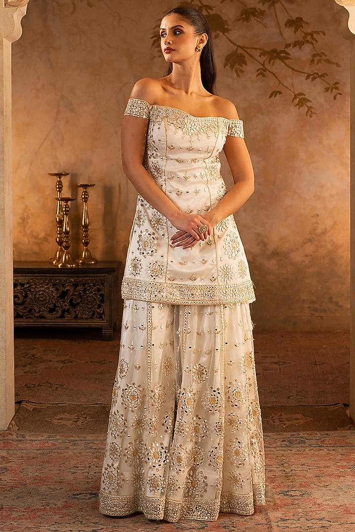 Ivory Net Embroidered Bridal Sharara Set by Angad Singh at Pernia's Pop Up Shop