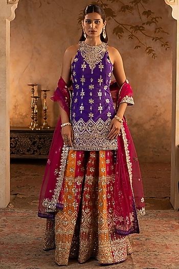 Multi-Colored Raw Silk Bridal Sharara Set by Angad Singh at Pernia's Pop Up Shop
