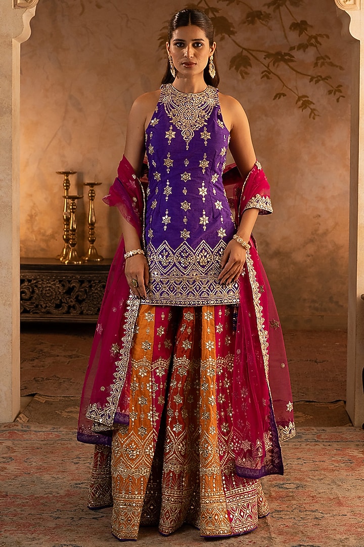 Multi-Colored Raw Silk Bridal Sharara Set by Angad Singh at Pernia's Pop Up Shop