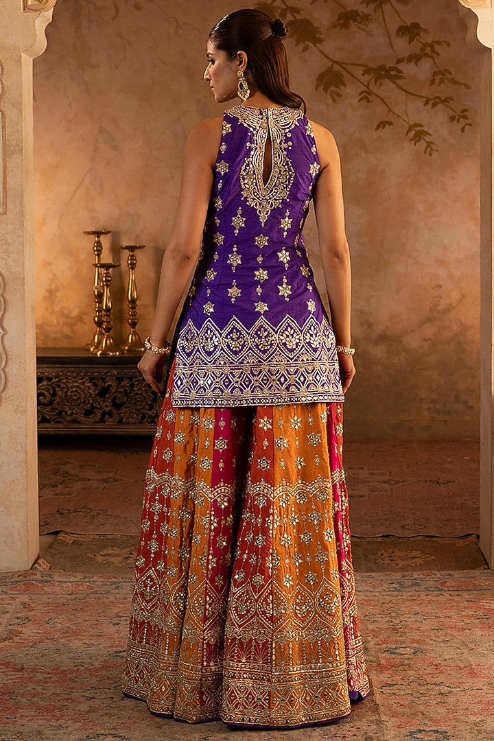 Multi-Colored Raw Silk Bridal Sharara Set by Angad Singh at Pernia's Pop Up Shop