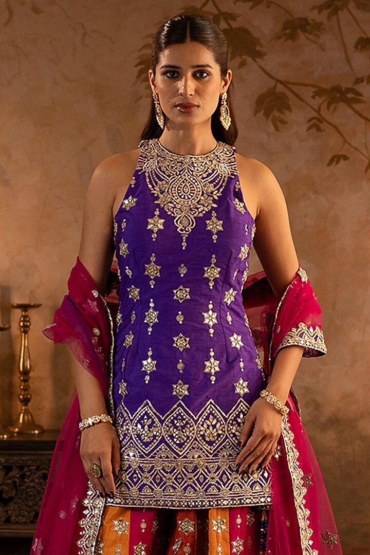 Multi-Colored Raw Silk Bridal Sharara Set by Angad Singh at Pernia's Pop Up Shop