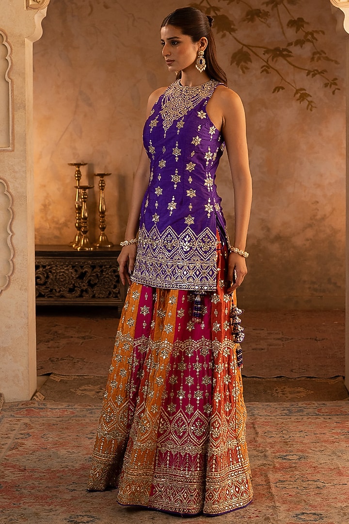 Multi-Colored Raw Silk Bridal Sharara Set by Angad Singh at Pernia's Pop Up Shop
