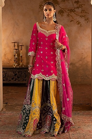 Multi-Colored Raw Silk Bridal Sharara Set by Angad Singh at Pernia's Pop Up Shop