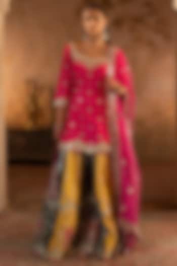 Multi-Colored Raw Silk Bridal Sharara Set by Angad Singh at Pernia's Pop Up Shop