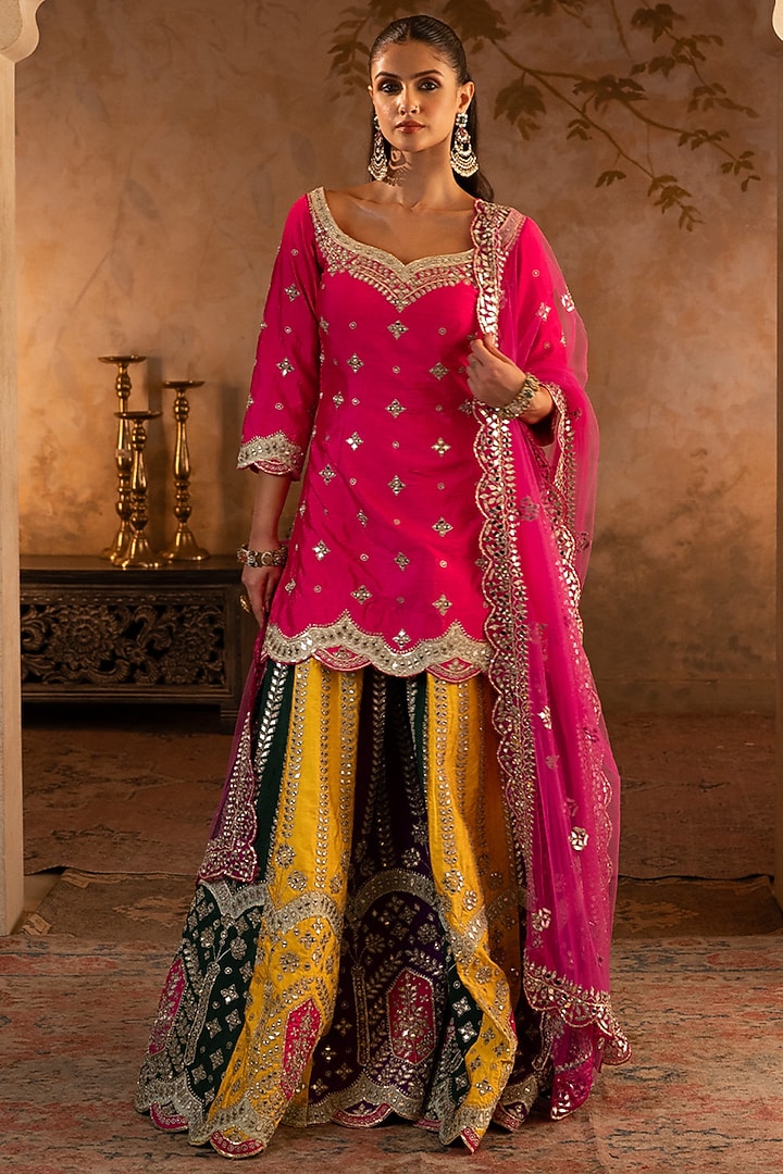 Multi-Colored Raw Silk Bridal Sharara Set by Angad Singh at Pernia's Pop Up Shop