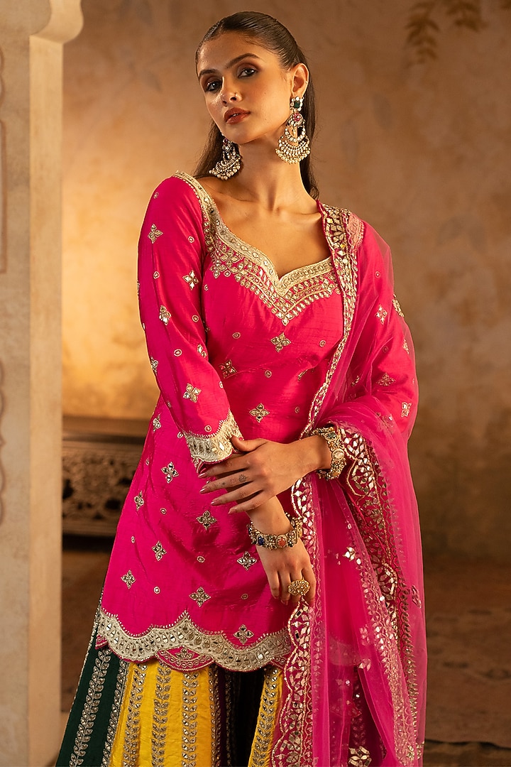 Multi-Colored Raw Silk Bridal Sharara Set by Angad Singh at Pernia's Pop Up Shop