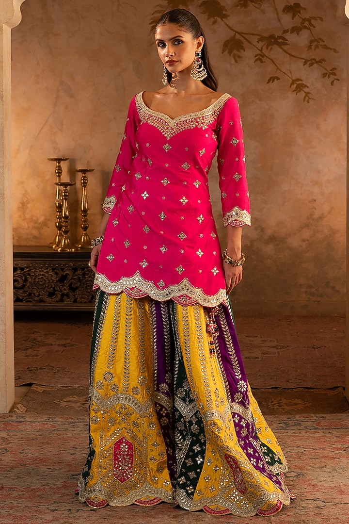 Multi-Colored Raw Silk Bridal Sharara Set by Angad Singh at Pernia's Pop Up Shop