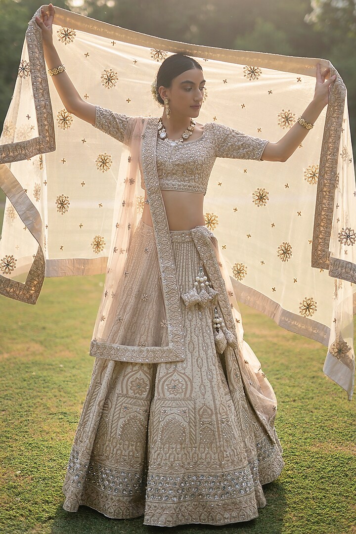 Ivory Raw Silk Zardosi Embroidered Bridal Lehenga Set by Angad Singh at Pernia's Pop Up Shop