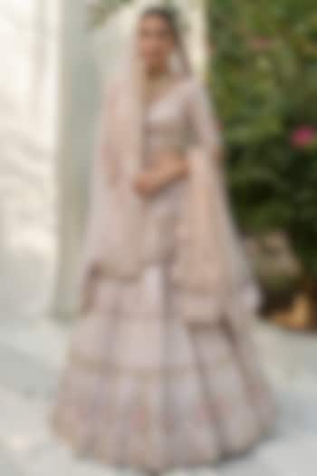 Blush Pink Raw Silk Embroidered Wedding Lehenga Set by Angad Singh at Pernia's Pop Up Shop