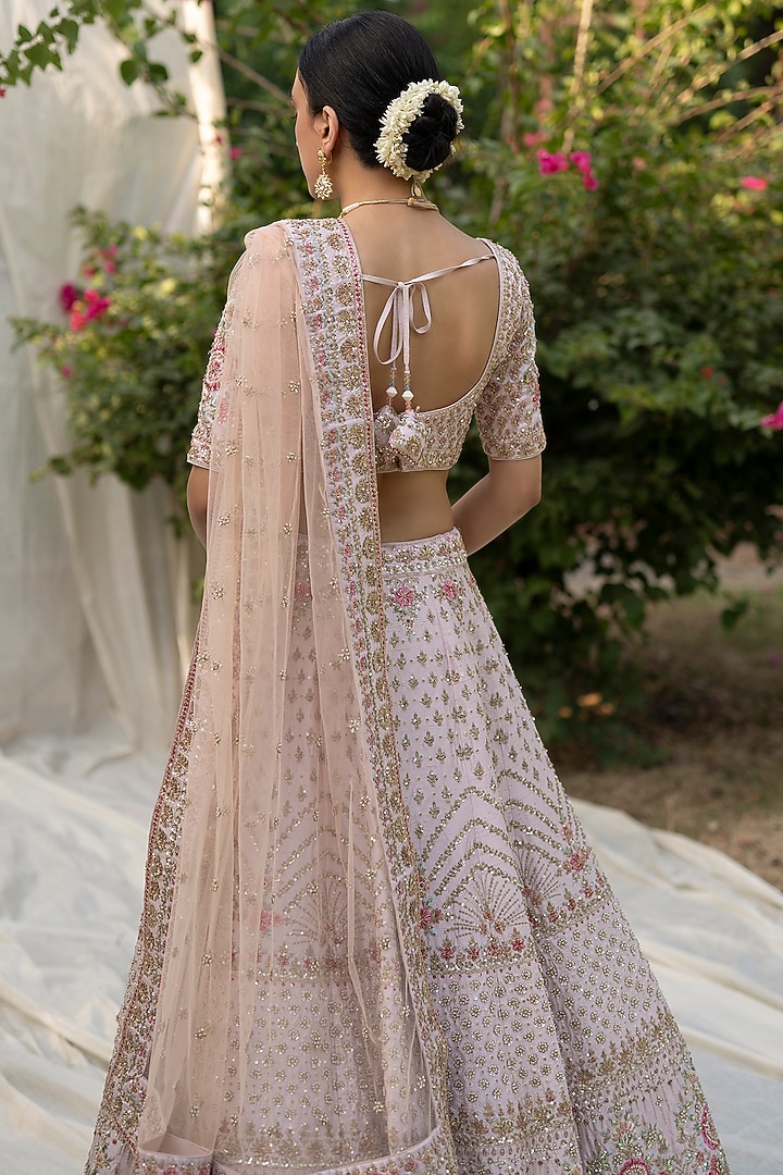 Blush Pink Raw Silk Embroidered Wedding Lehenga Set by Angad Singh at Pernia's Pop Up Shop