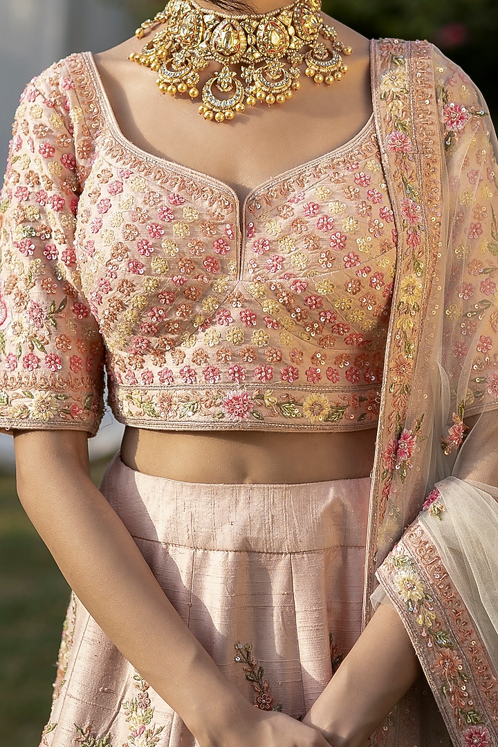 Peach Raw Silk Zardosi Embroidered Wedding Lehenga Set by Angad Singh at Pernia's Pop Up Shop
