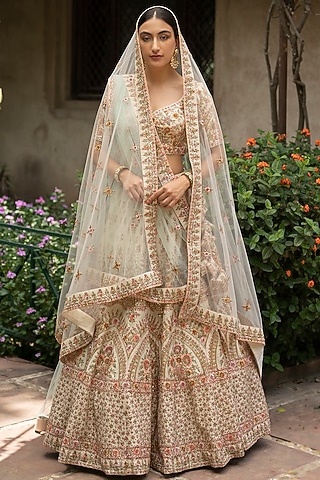 Ivory Raw Silk Embroidered Lehenga Set by Angad Singh