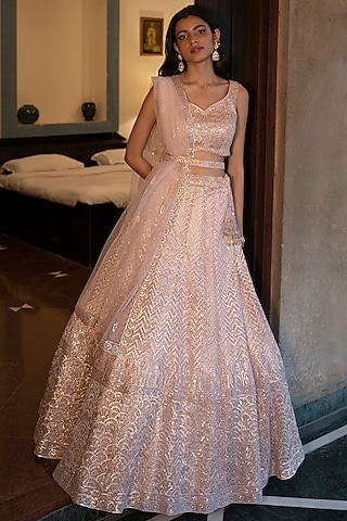 Blush Pink Net Gota Embellished Lehenga Set by Angad Singh