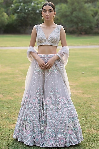 Grey Organza Embellished Lehenga Set by Angad Singh